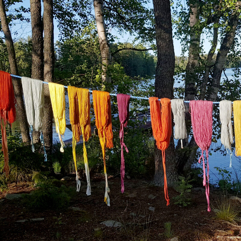 Lankavyyhdit roikkuvat narulla järven rannalla.